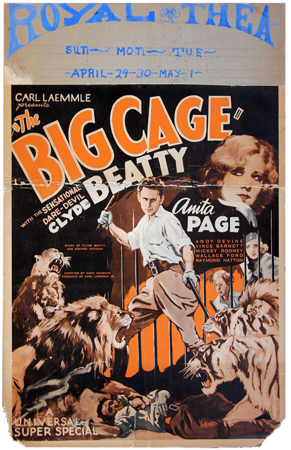 BIG CAGE, THE (1933)14 x 22" (35 x 55) window card poster, USA. Clyde Beatty, Anita Page, Andy Devine, Vince Barnett, Raymond Hatton, Wallace Ford, Mickey Rooney, dir: Kurt Neumann; Universal Pictures.