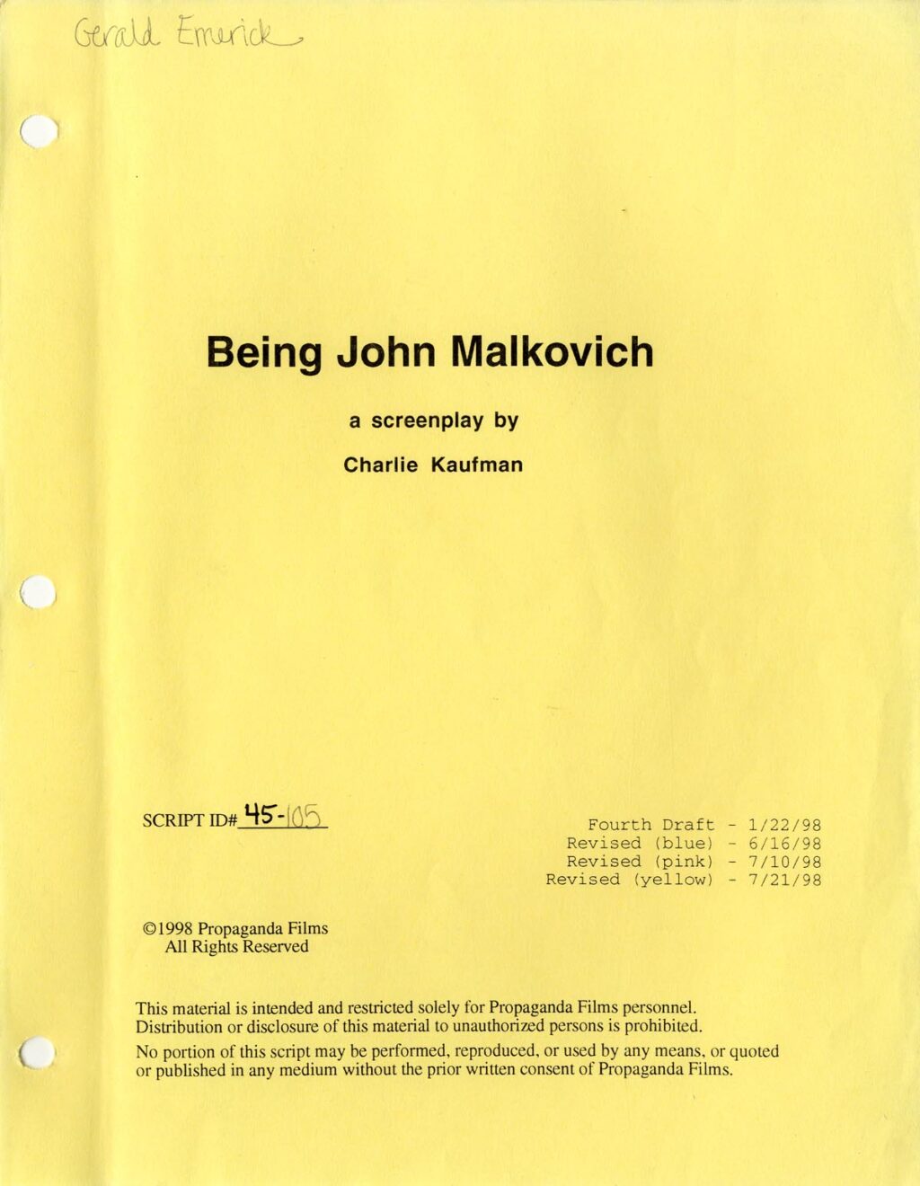 BEING JOHN MALKOVICH (1999) Fourth draft script by Charlie Kaufman, 1/22/98