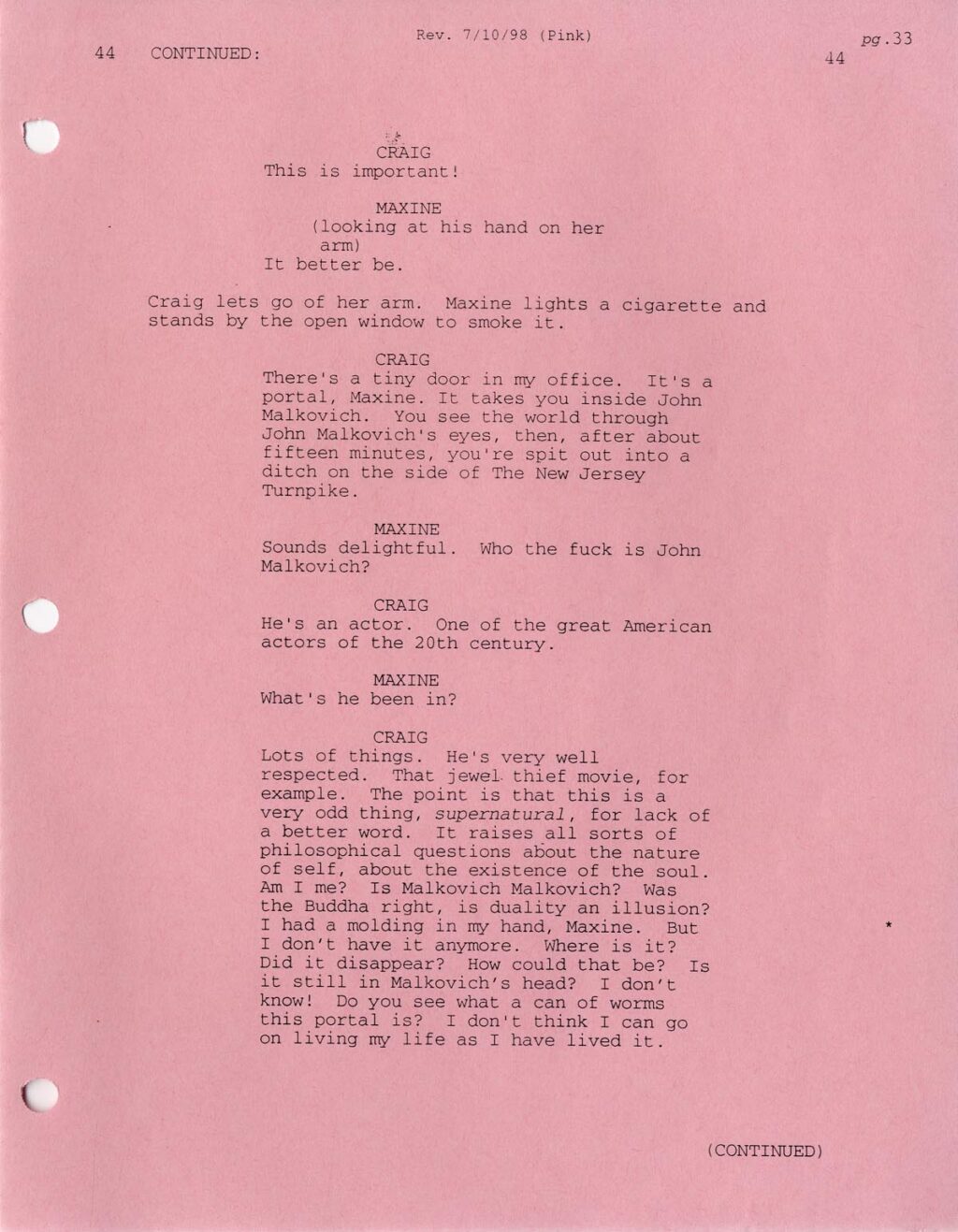 BEING JOHN MALKOVICH (1999) Fourth draft script by Charlie Kaufman, 1/22/98