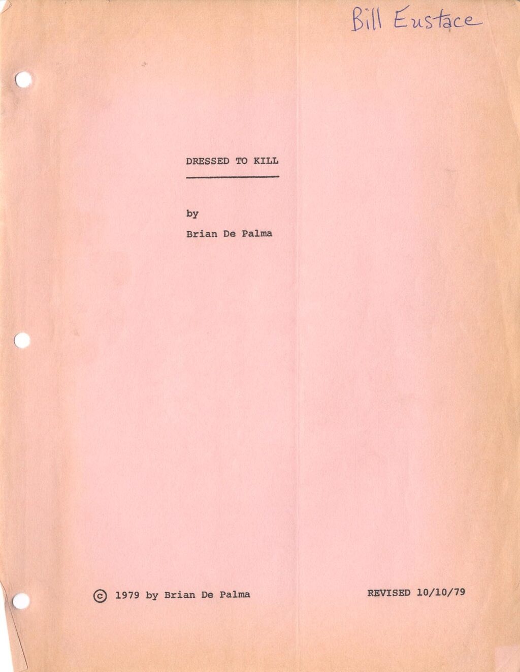 DRESSED TO KILL (1980) Revised draft script, second asst director's copy w/notes