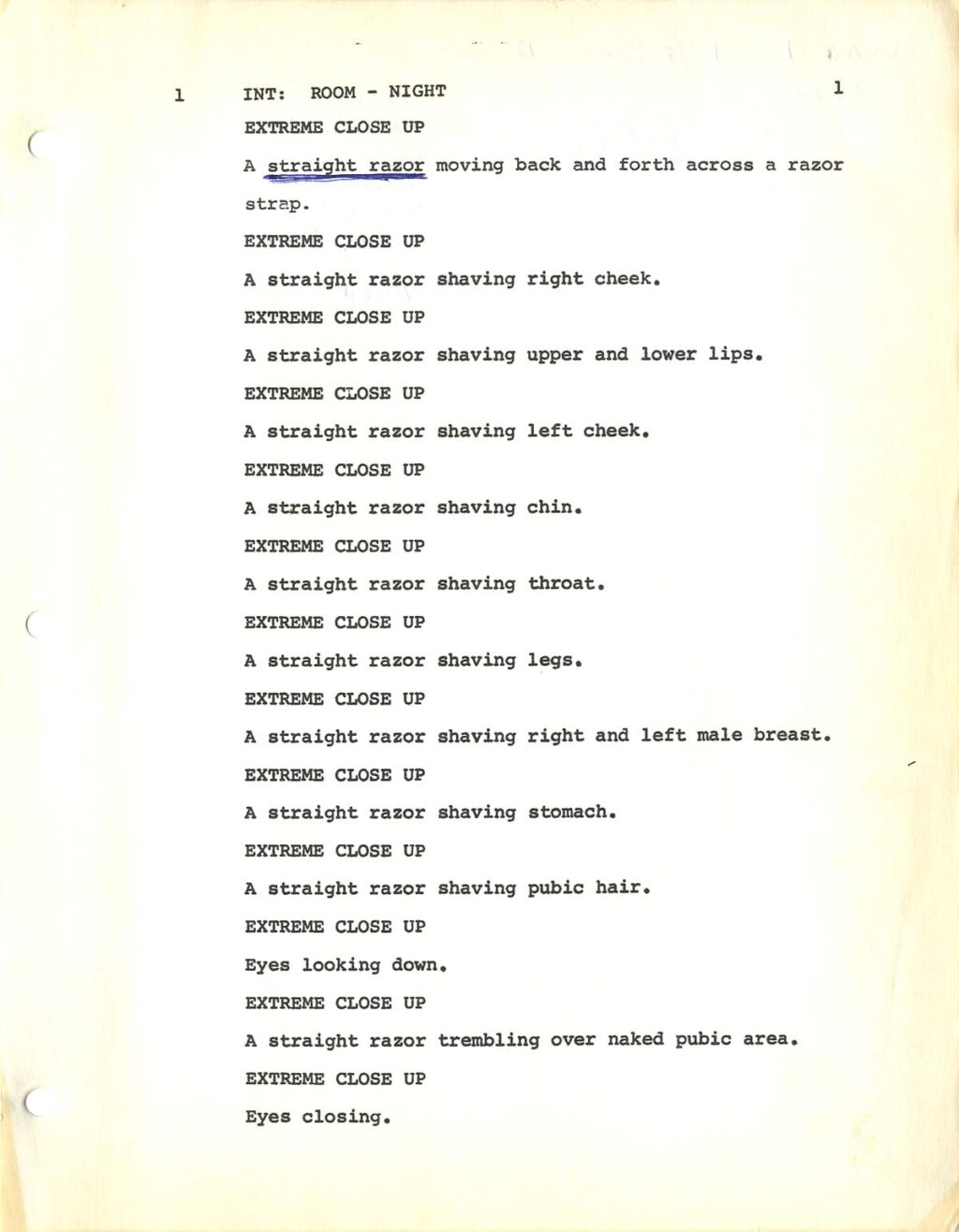 DRESSED TO KILL (1980) Revised draft script, second asst director's copy w/notes