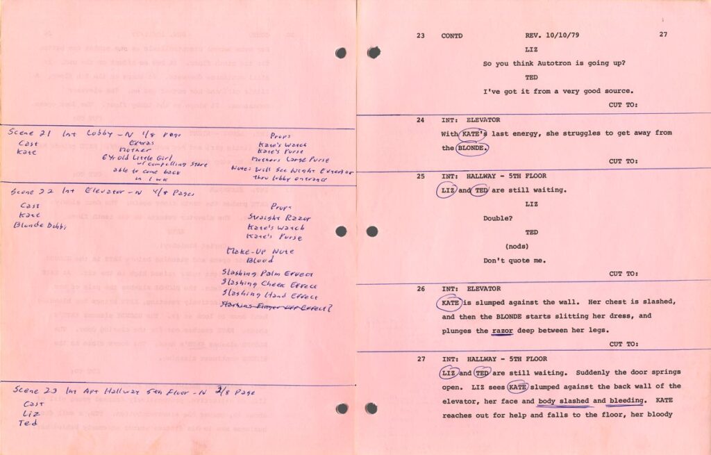 DRESSED TO KILL (1980) Revised draft script, second asst director's copy w/notes