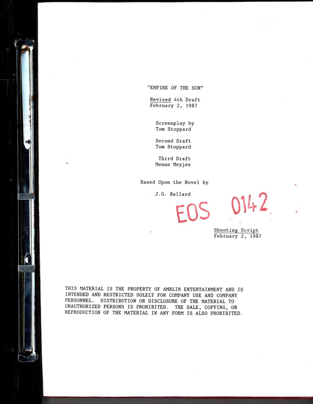 EMPIRE OF THE SUN (1987) Revised 4th Draft Screenplay by Tom Stoppard