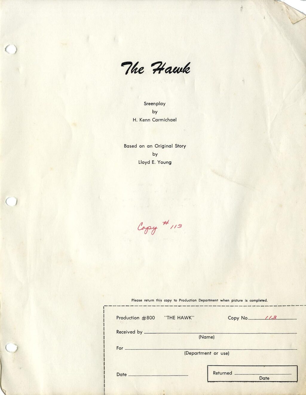 MARK OF THE HAWK [THE HAWK] (1957) Final draft script, 1956