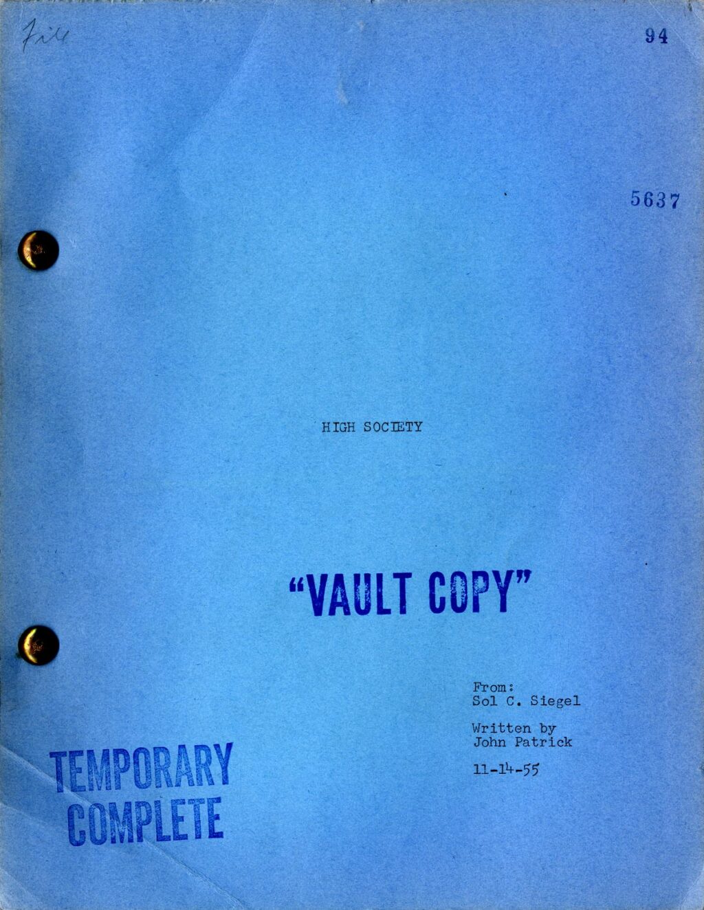 HIGH SOCIETY (1955) Temporary complete script / Philip Barry-adaptation