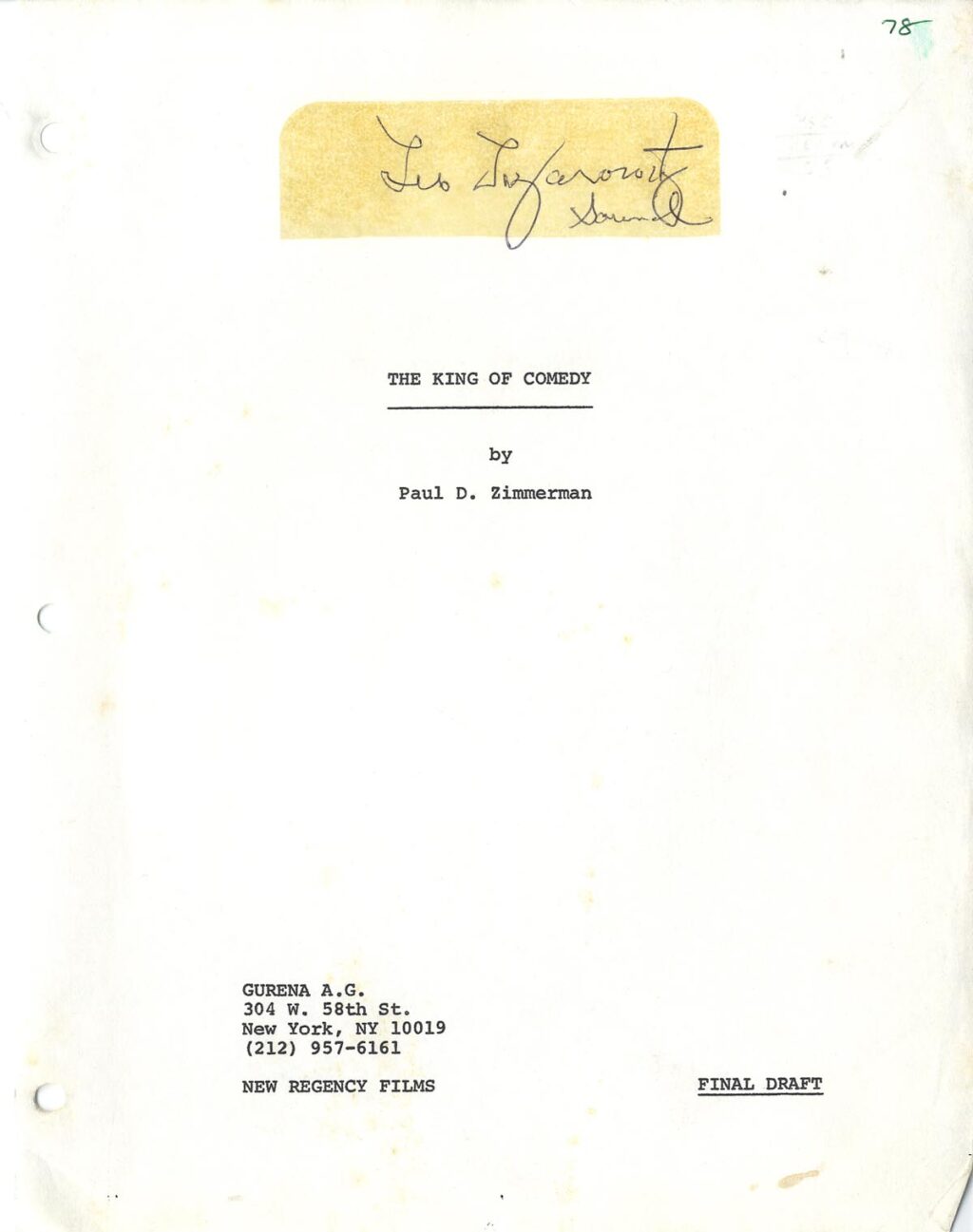 KING OF COMEDY, THE (1983) Final draft script by Paul D. Zimmerman, ca. 1981