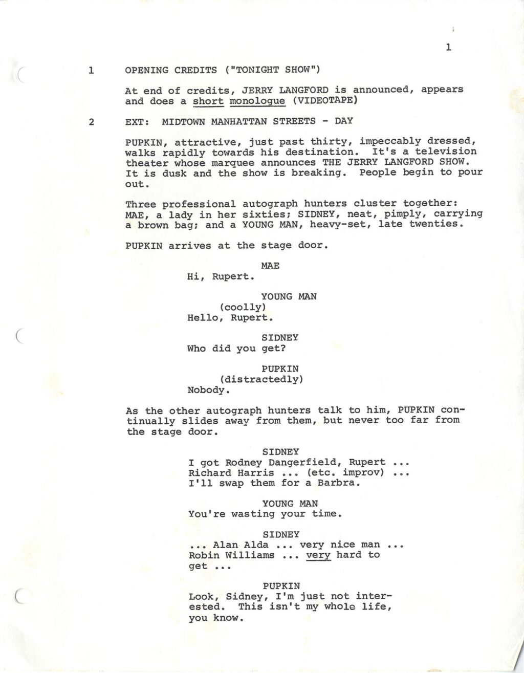 KING OF COMEDY, THE (1983) Final draft script by Paul D. Zimmerman, ca. 1981