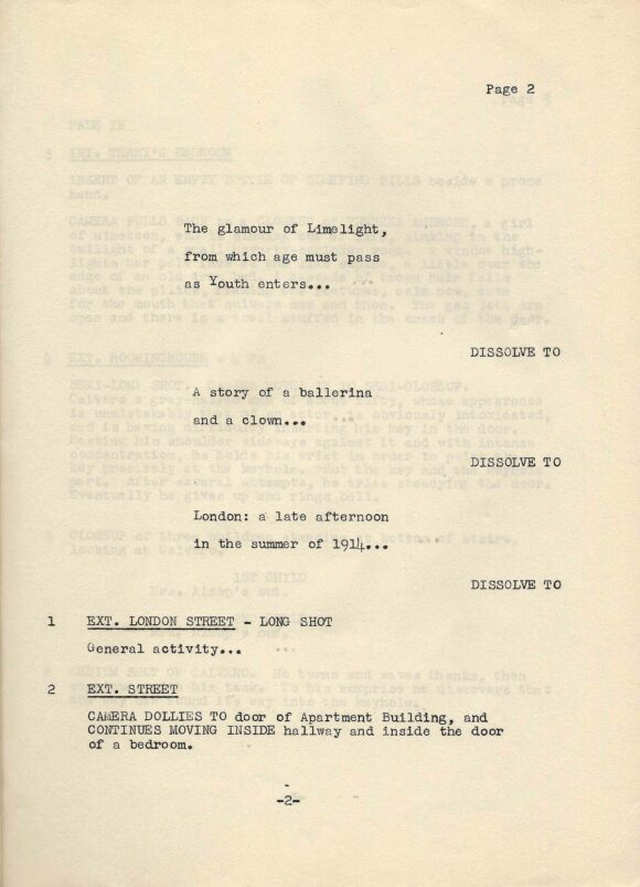 LIMELIGHT (1952) Undated shooting script by Charles Chaplin