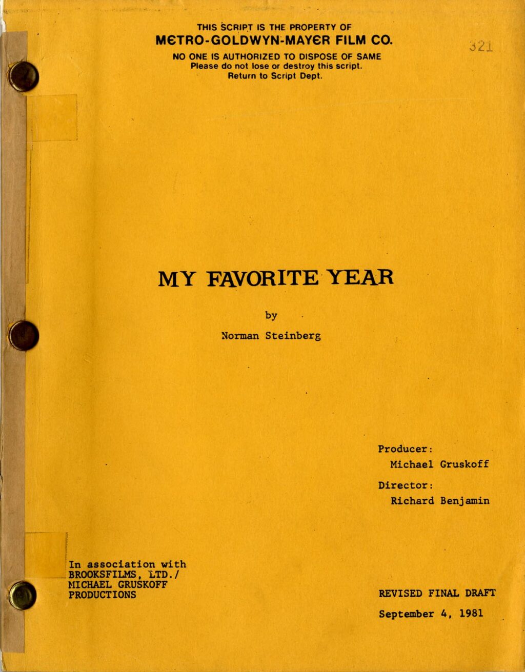 MY FAVORITE YEAR (1981) Revised Final Draft script by Norman Steinberg