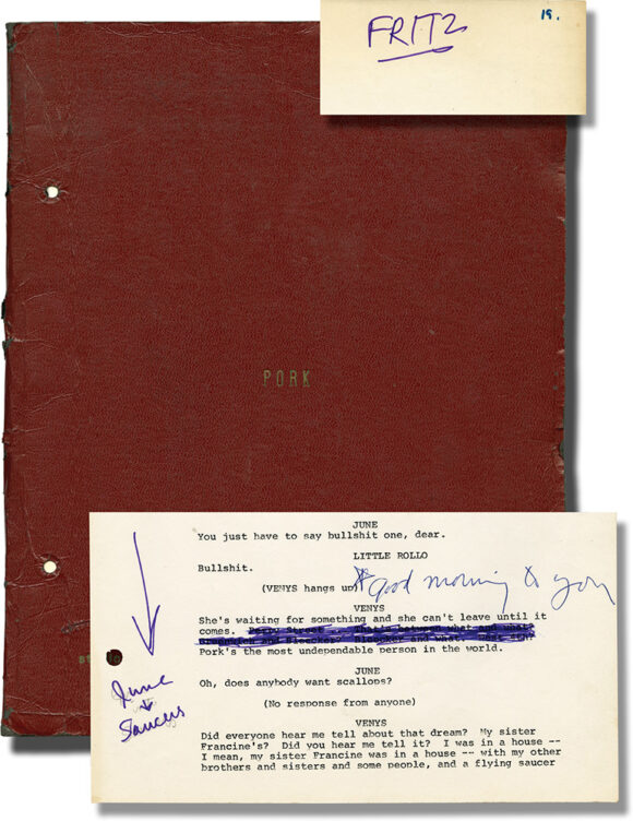 WARHOL, ANDY PORK (Vintage original script for the 1971 play, Fred "Fritzy" Hughes' working copy,)annotated by Hughes and Warhol) New York: N.p., circa 1971.)