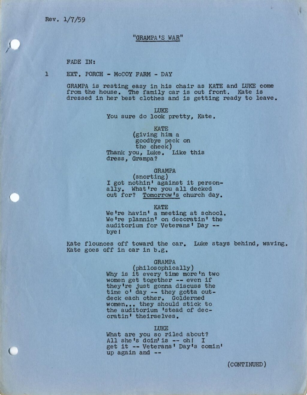 REAL MCCOYS, THE (1958/60) Two scripts for "Grampa's War" and "First Date"