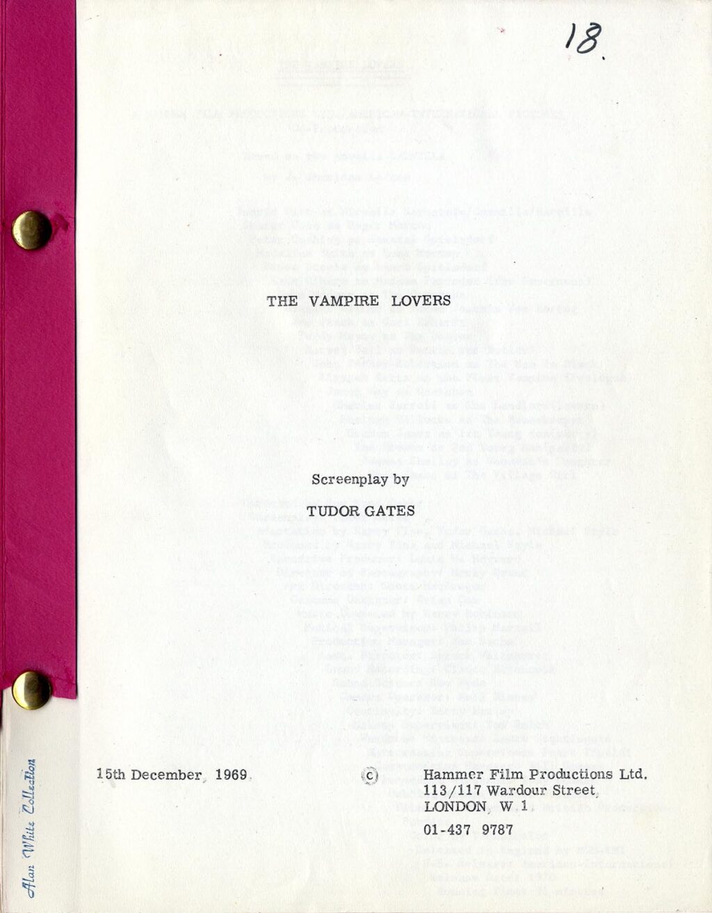 VAMPIRE LOVERS, THE (1970) Screenplay by Tudor Gates 15th Dec, 1969