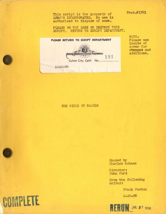 (FORD, JOHN, DIRECTOR) THE WINGS OF EAGLES. Two considerably variant original vintage film scripts