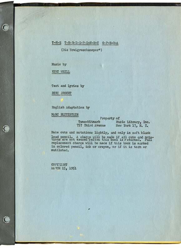 THREEPENNY OPERA, THE [DIE DREIGROSCHEN OPER] (Mar 15, 1951) Theatre script