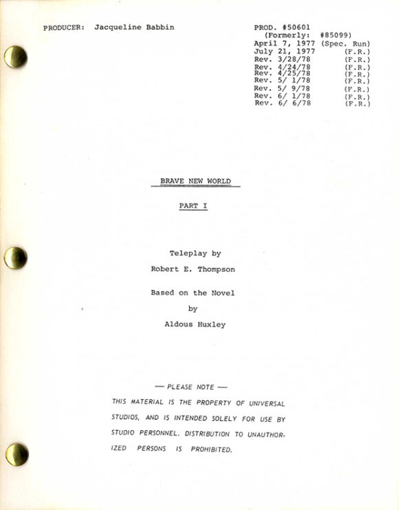 BRAVE NEW WORLD, Part I & II (1978) Set of 2 revised draft scripts - Image 2