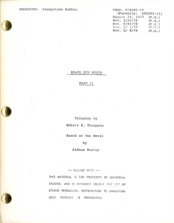 BRAVE NEW WORLD, Part I & II (1978) Set of 2 revised draft scripts