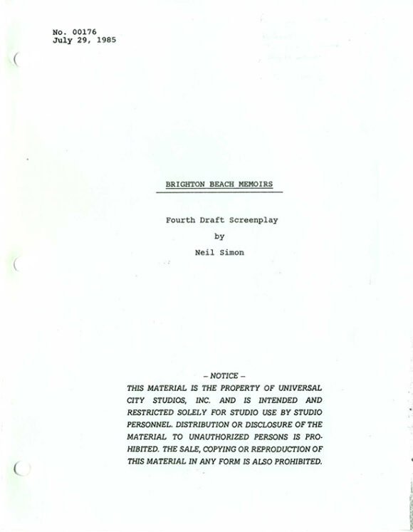 BRIGHTON BEACH MEMOIRS (1986) Fourth draft film script dated Jul 29, 1985 - Image 2