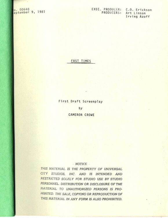 Amy Heckerling (director)  Cameron Crowe (screenwriter)  FAST TIMES [working title for FAST TIMES AT RIDGEMONT HIGH] - Image 2