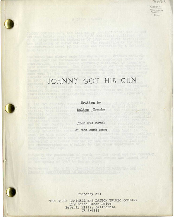 JOHNNY GOT HIS GUN (1971) Revised pre-production draft script by Dalton Trumbo [ca. 1968]