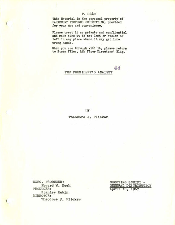 PRESIDENT'S ANALYST, THE (Apr 10, 1967) Shooting script by Theodore J. Flicker - Image 2