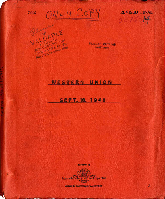 WESTERN UNION (1941) Revised Final film script dated Sep 10, 1940