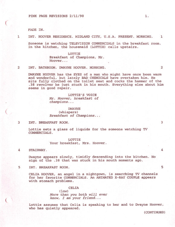 BREAKFAST OF CHAMPIONS (1999) film script archive, adapted from Kurt Vonnegut by Alan Rudolph