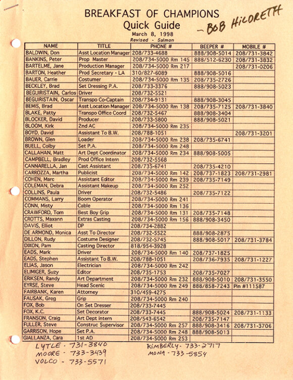 BREAKFAST OF CHAMPIONS (1999) film script archive, adapted from Kurt Vonnegut by Alan Rudolph