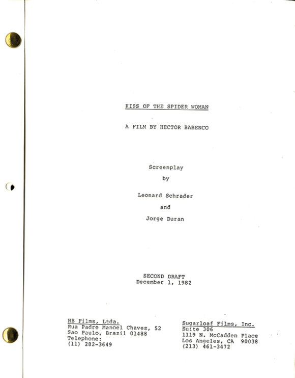 KISS OF THE SPIDER WOMAN (1985) second draft film script adapted from Manuel Puig, dated Dec. 1, 1982