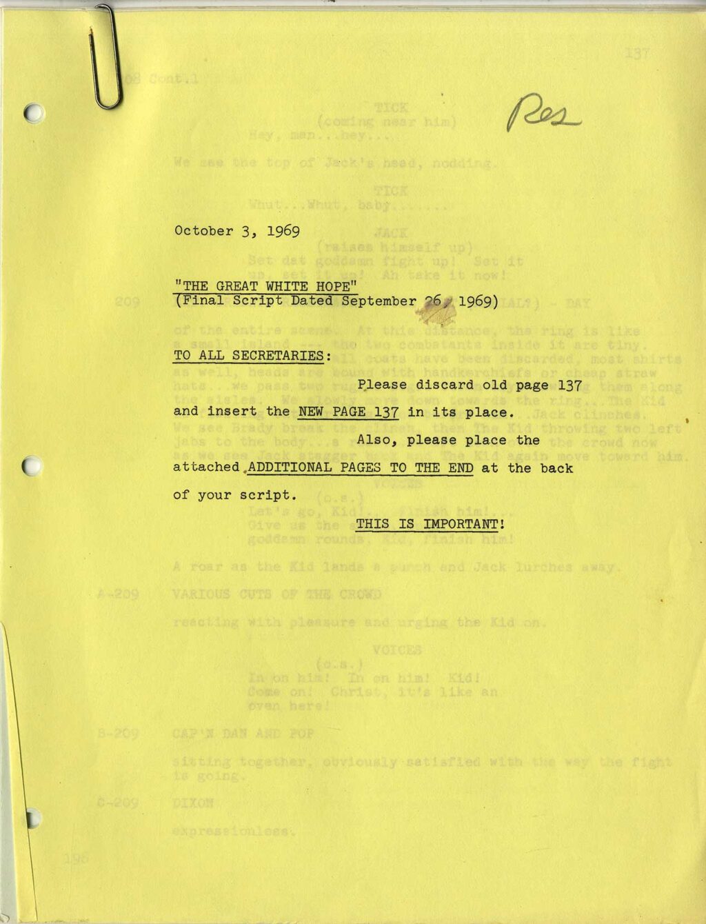 THE GREAT WHITE HOPE (1970) revised first draft film script dated May 12, 1969, with rev. dated Oct. 3, 1969