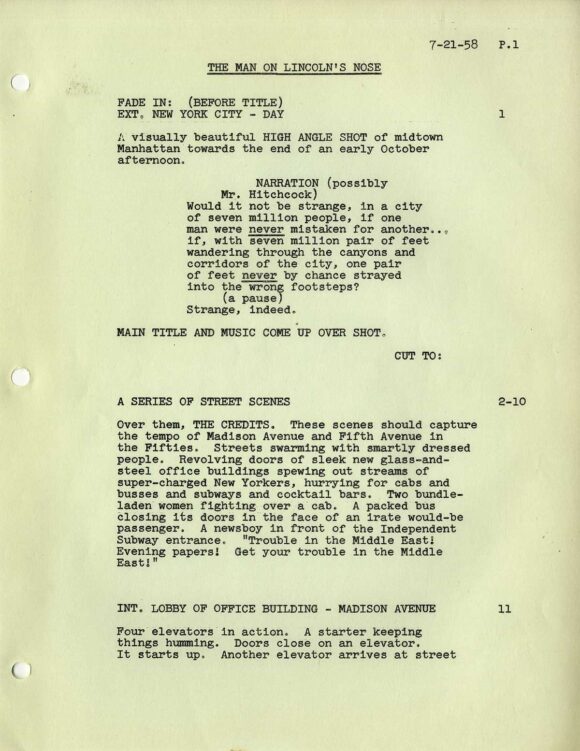 NORTH BY NORTHWEST [under working title THE MAN ON LINCOLN'S NOSE] Screenplay dated Aug 8, 1958 - Image 5