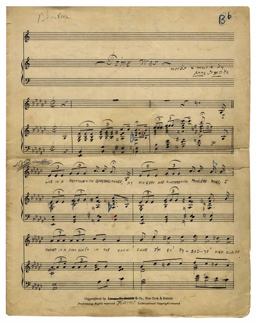 ANNA SOSENKO [ca. 1933] Handwritten music score for "Time Was"