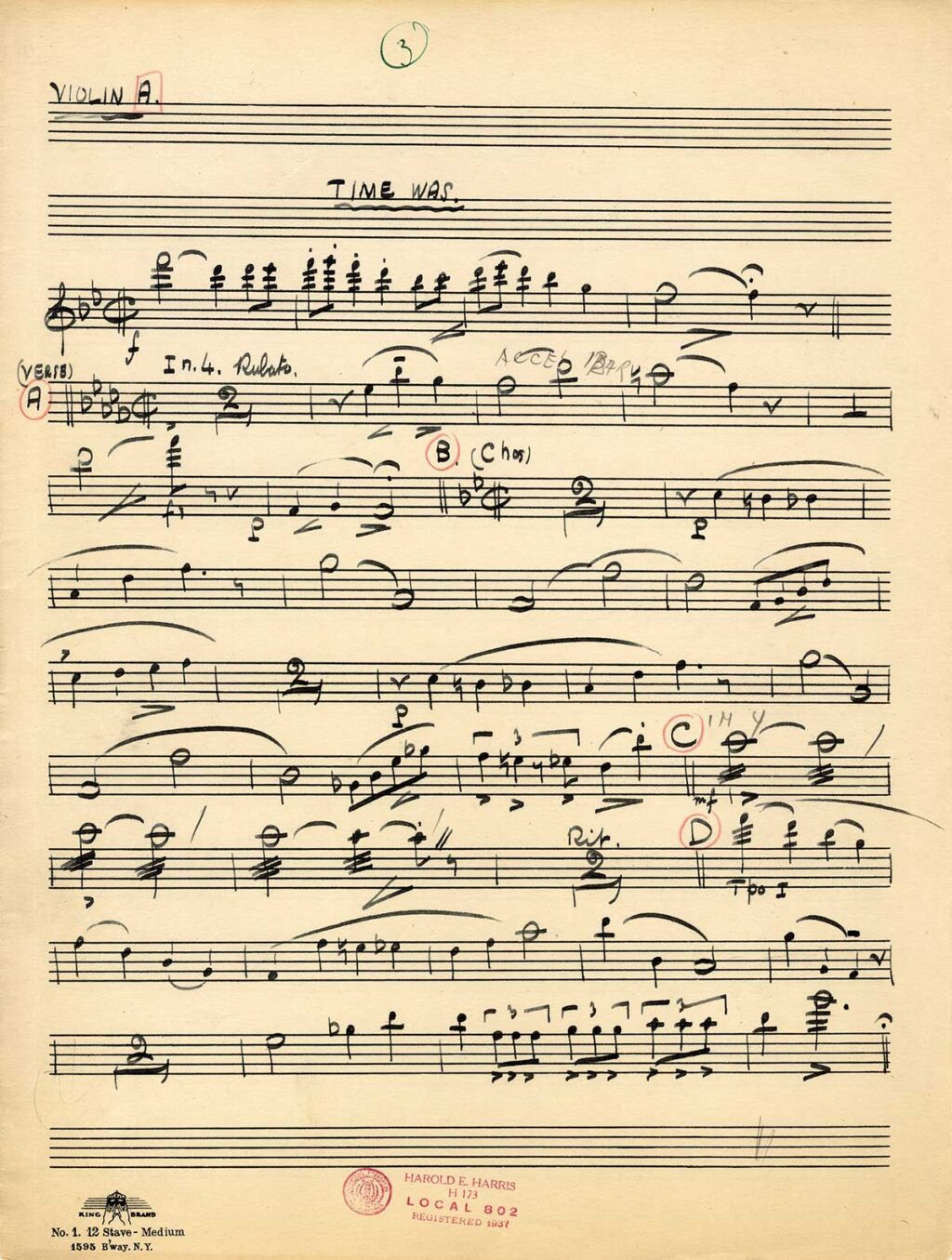 ANNA SOSENKO [ca. 1933] Handwritten music score for "Time Was" - Image 4