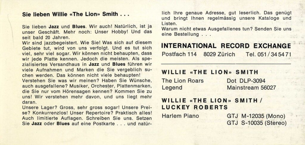 WILLIE "THE LION" SMITH (1965) Swiss concert flyer - Image 2