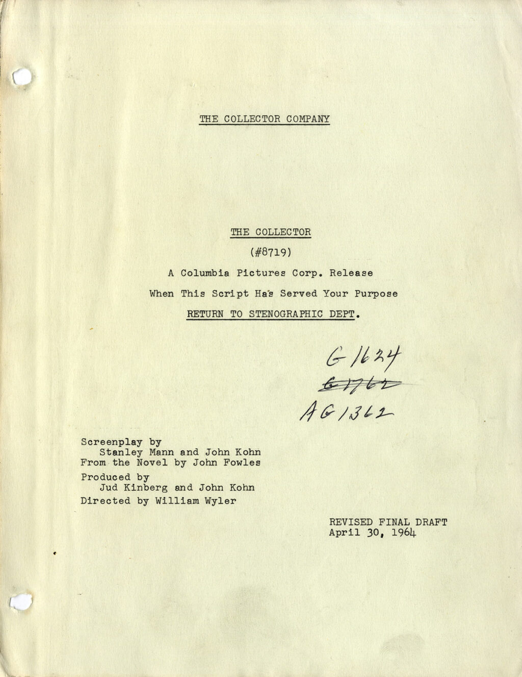 COLLECTOR, THE (Apr 30, 1964) Revised Final Draft screenplay by Stanley Mann & John Kohn - Image 2