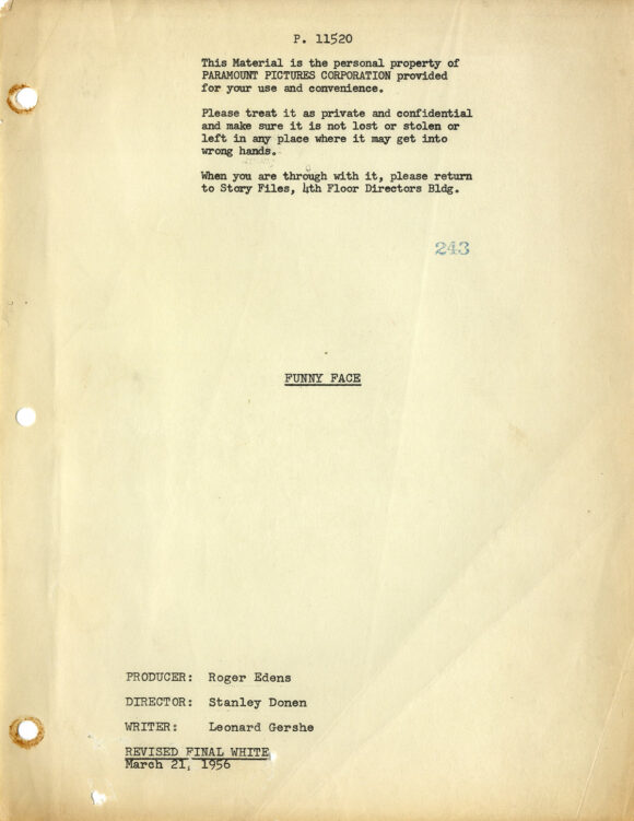 FUNNY FACE (1957) Revised FInal Draft screenplay dated Mar 21, 1956