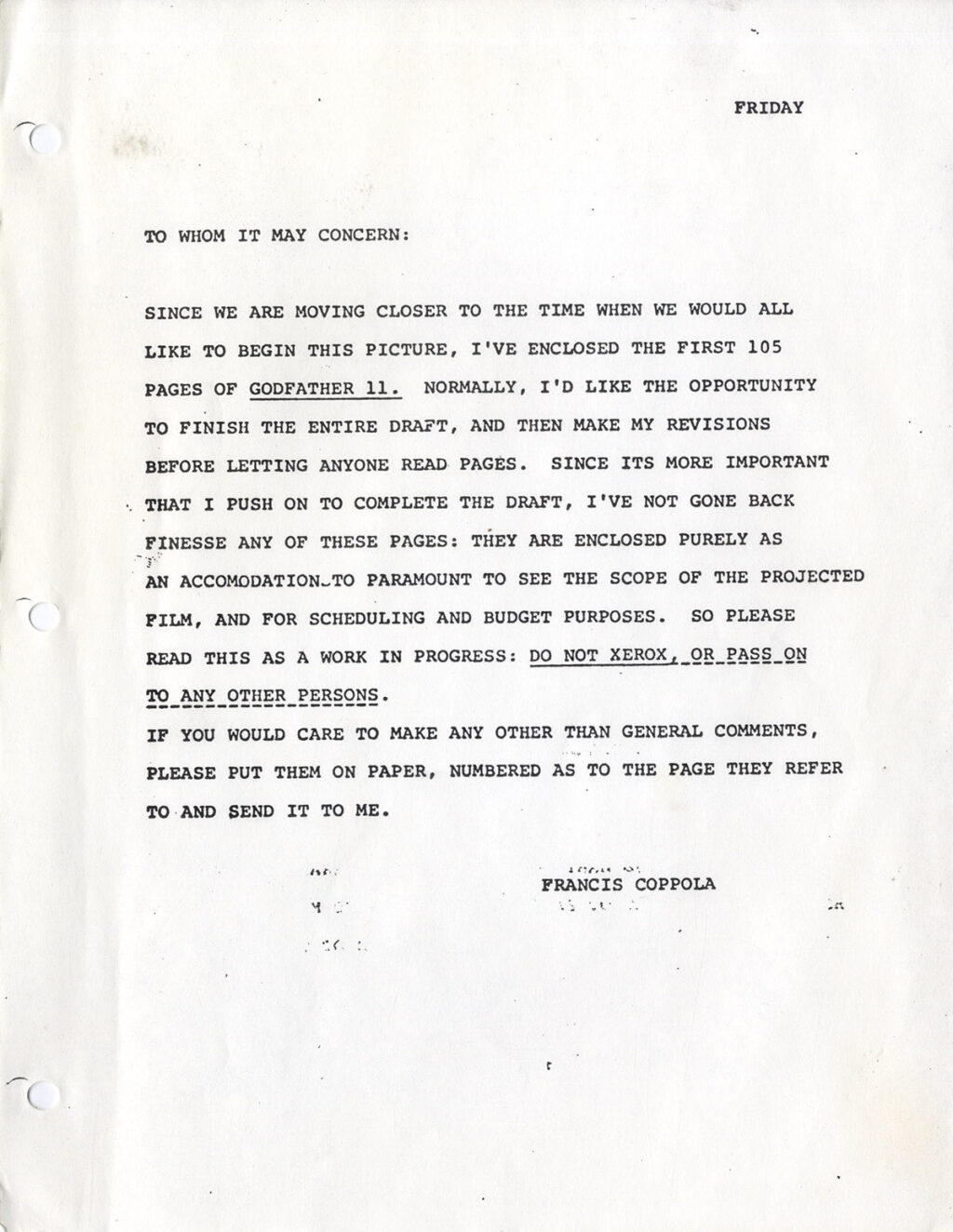 GODFATHER: PART II, THE (1974) First Draft screenplay prepared Jul 4th 1973 [by] F.F. [Francis Ford] Coppola - Image 2