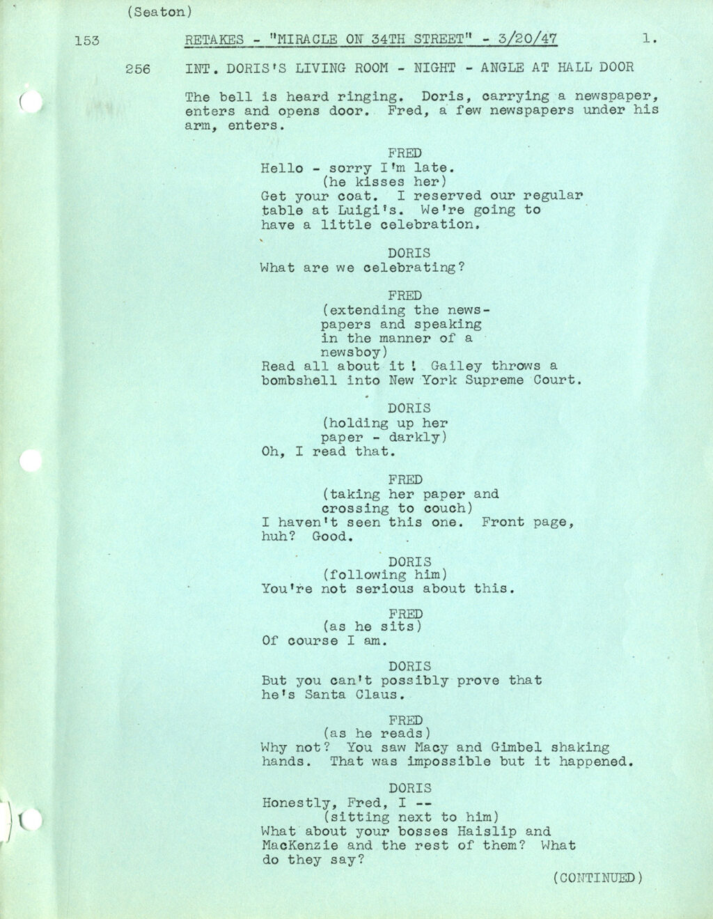 MIRACLE ON 34th STREET [under working title: IT'S ONLY HUMAN] (1947) Final screenplay by George Seaton, Jan 2, 1947