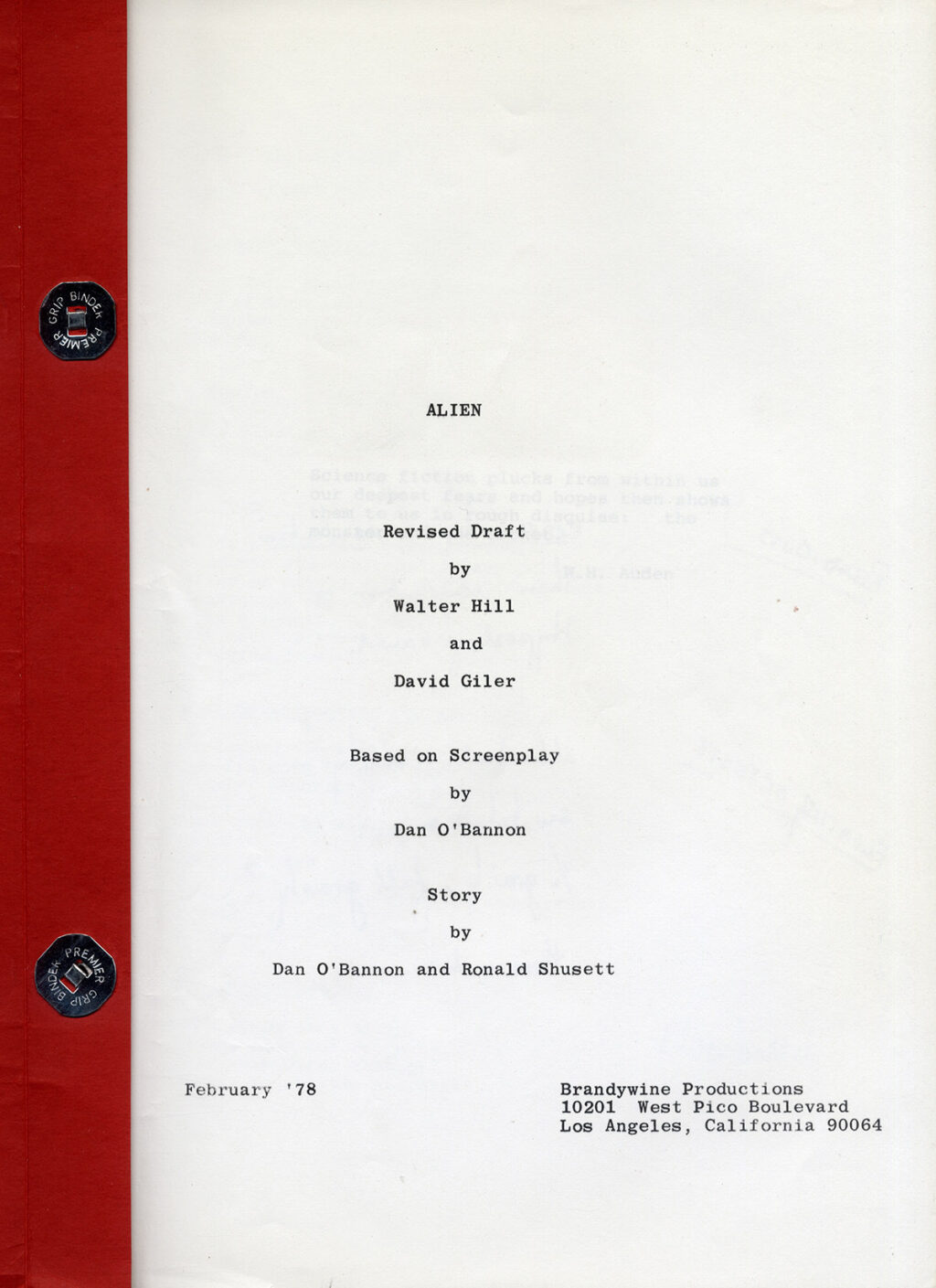 ALIEN (Feb. 1978) Revised Draft script by Walter Hill, David Giler / Based on screenplay by Dan O'Bannon - Image 2