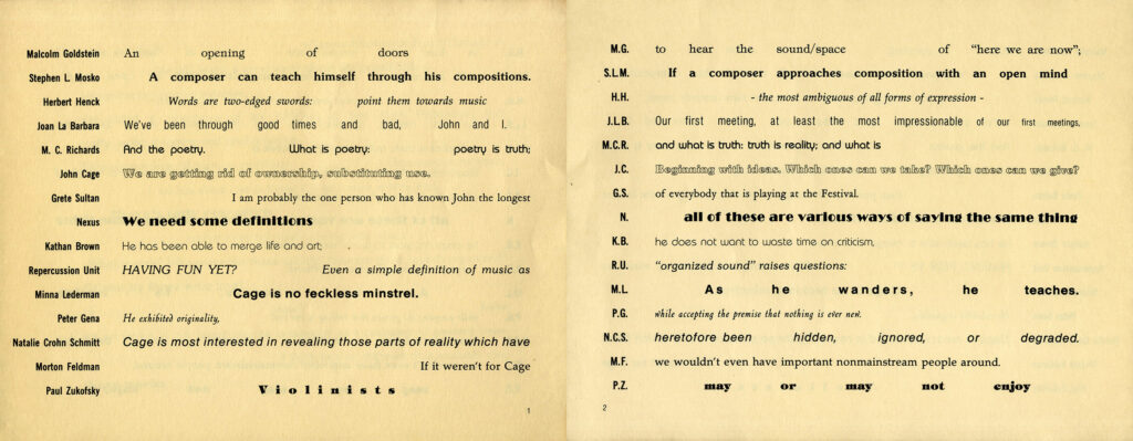 TWENTY-ONE PAGES FOR JOHN CAGE (1987) Program