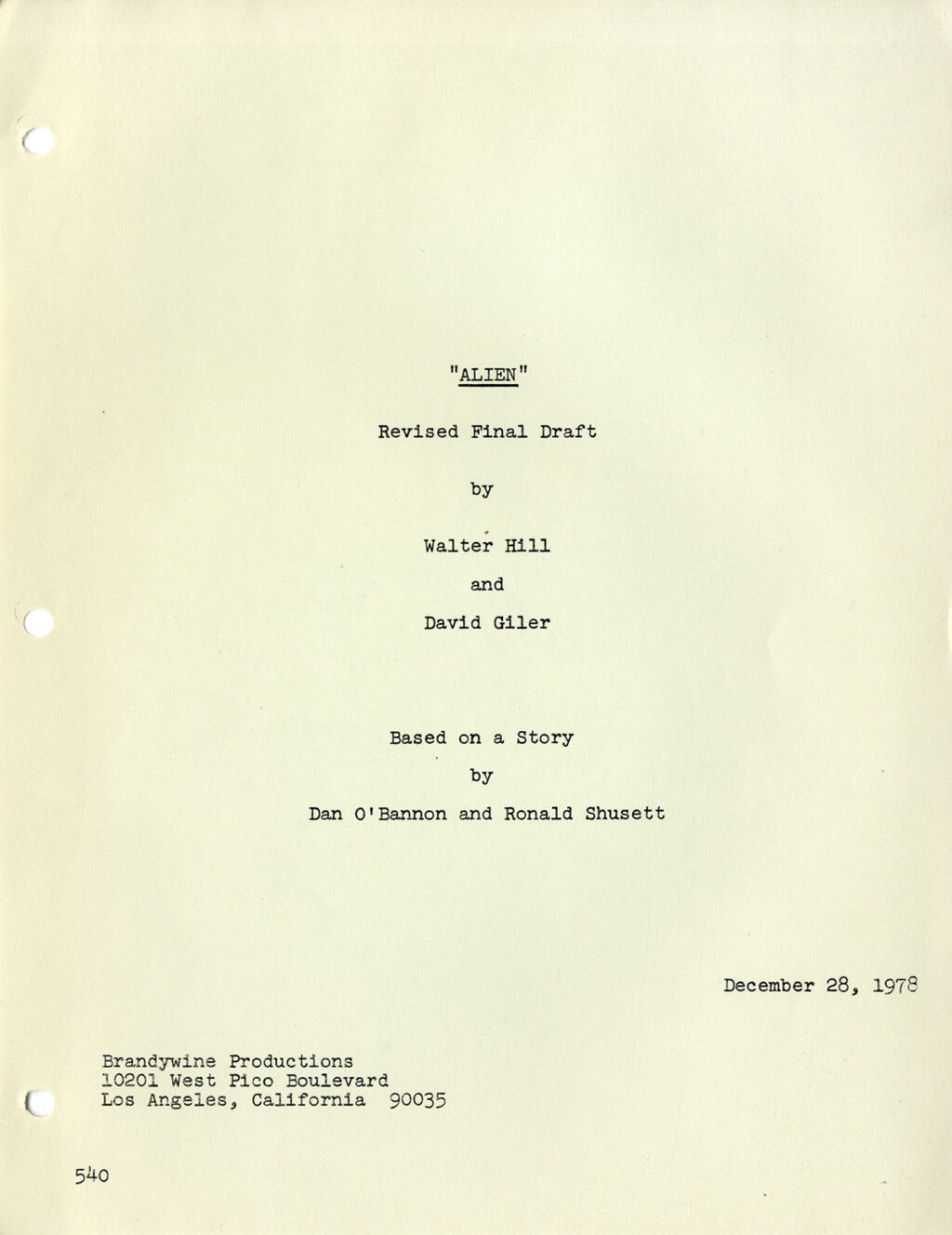 ALIEN (Dec 28, 1978) "Revised Final" Draft by Walter Hill and David Giler - Image 2