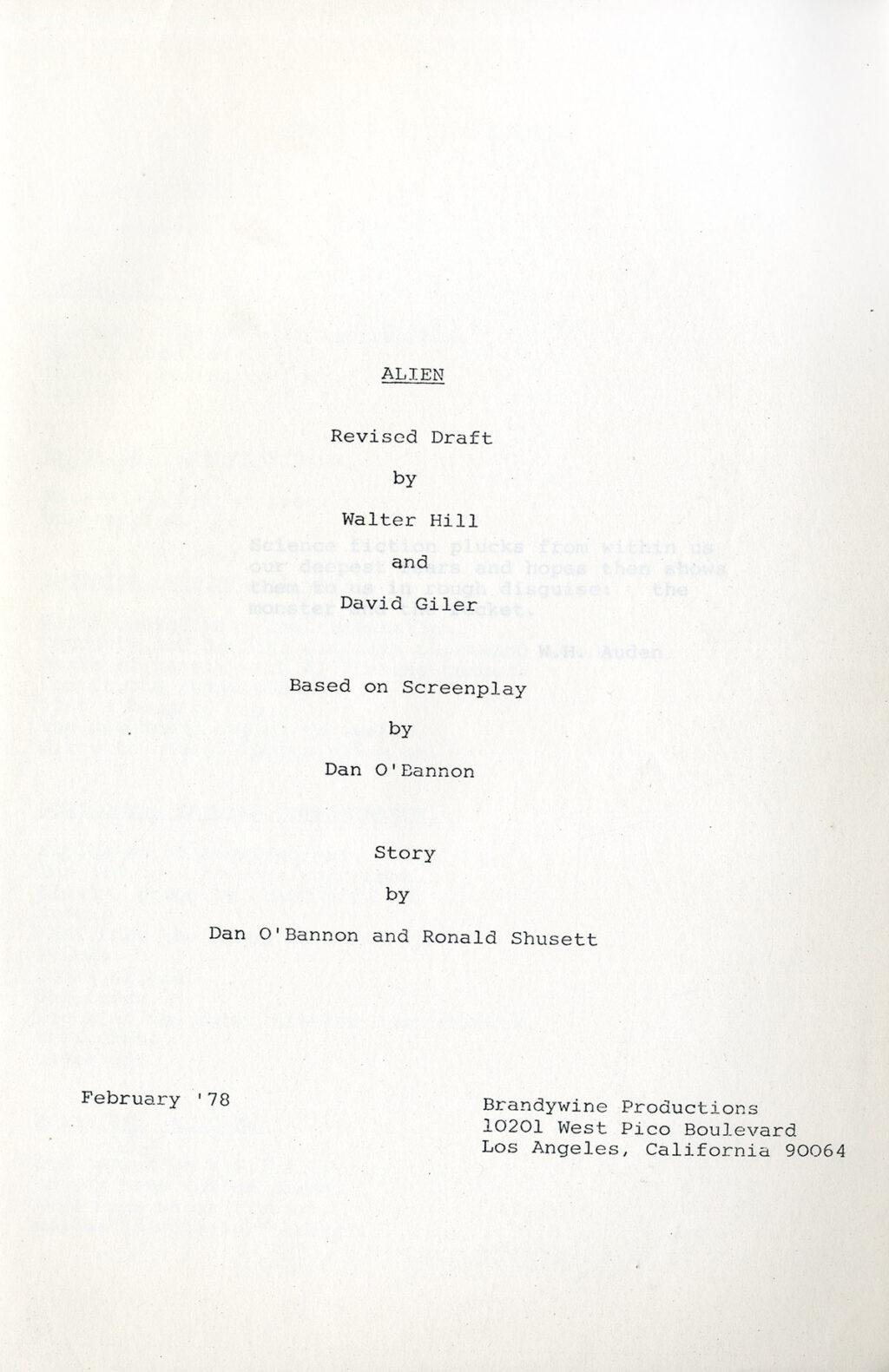 ALIEN (Feb 1978) Revised Draft by Walter Hill and David Giler - Image 2