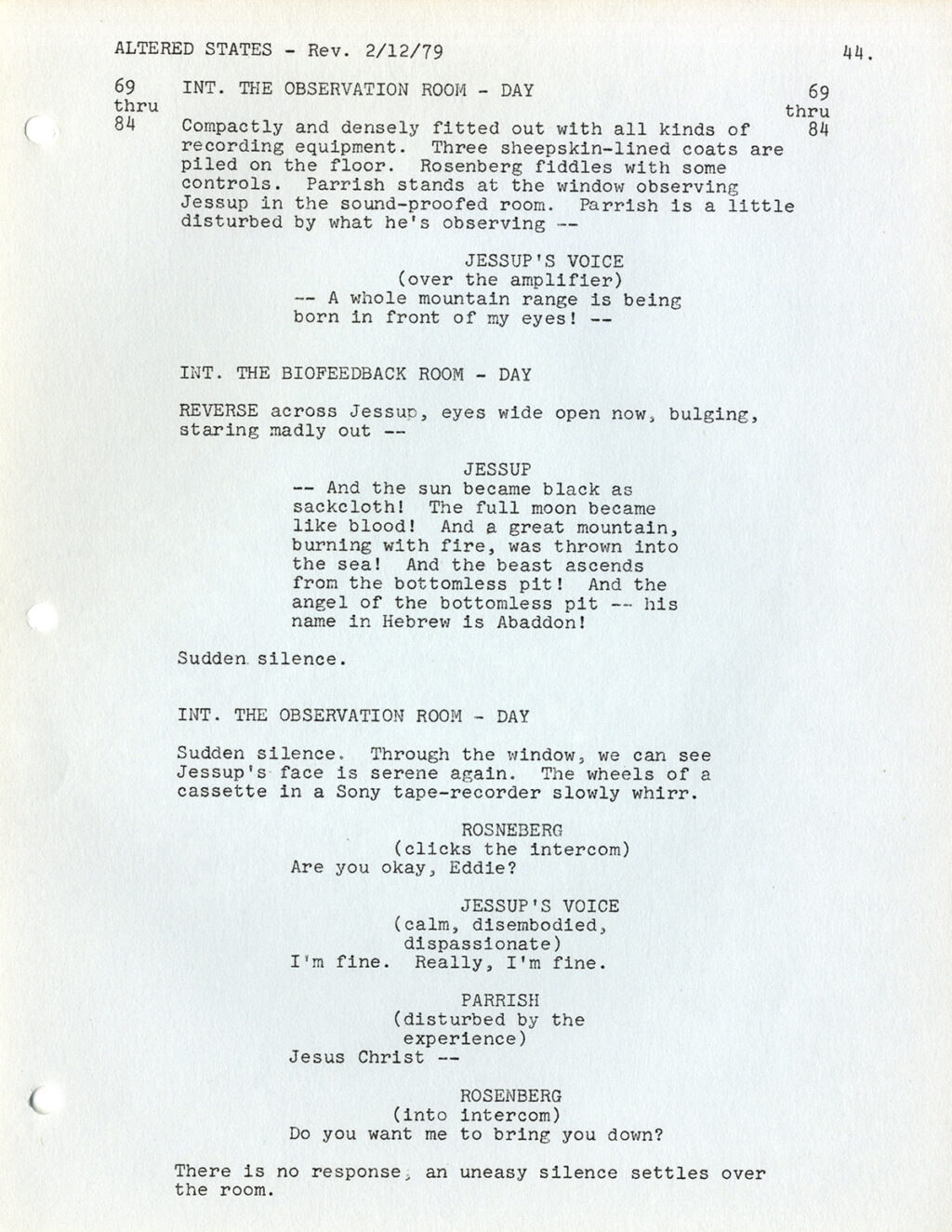 ALTERED STATES (Feb 1, 1979) Film script by Paddy Chayevksy as Sidney Aaron