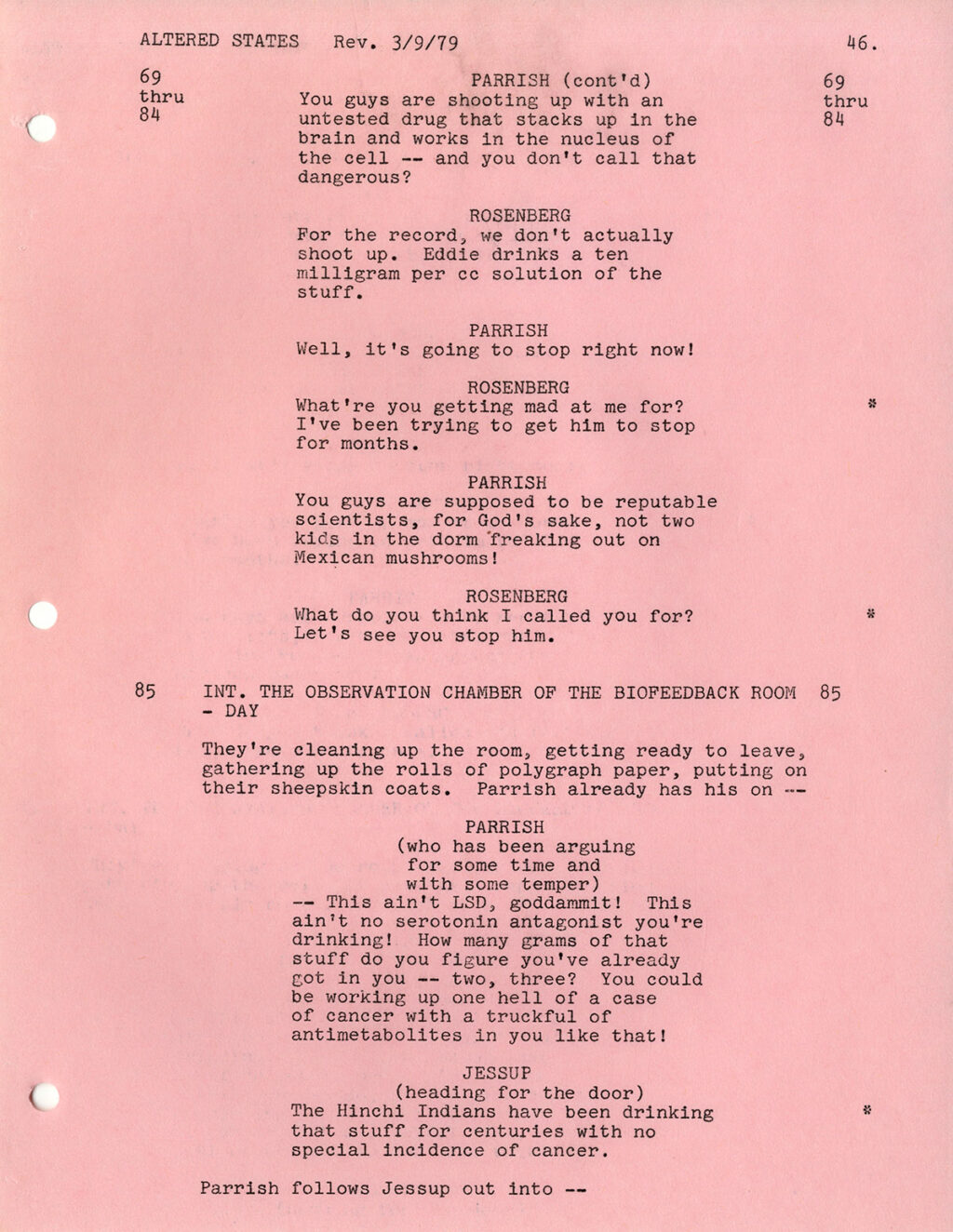 ALTERED STATES (Feb 1, 1979) Film script by Paddy Chayevksy as Sidney Aaron