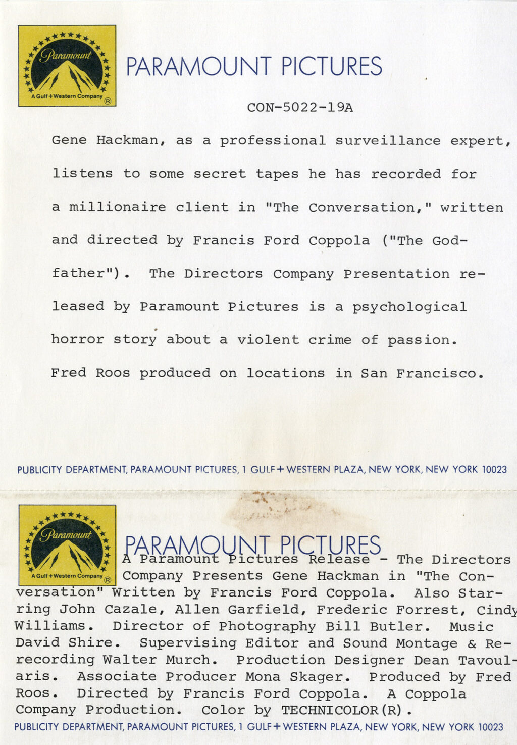 CONVERSATION, THE (1974) Press kit - Image 9