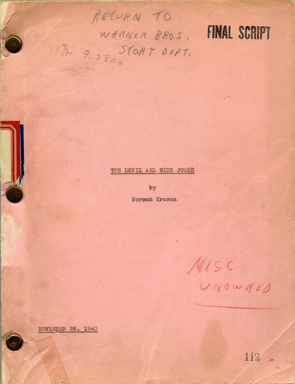 DEVIL AND MISS JONES, THE (Nov 26, 1940) Final Script by Norman Krasna