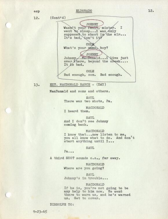 EL DORADO (under working title: ELDORADO] (Sep 23, 1965) Shooting script general distribution by Leigh Brackett - Image 4