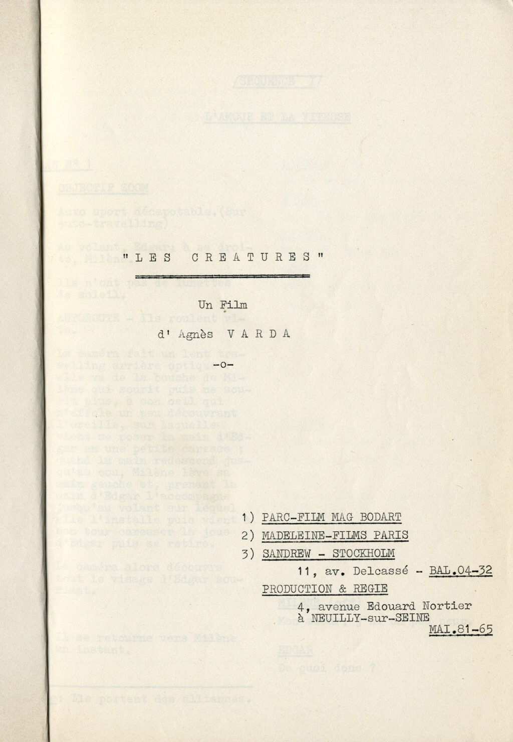 LES CREATURES [THE CREATURES] (1966) French film script