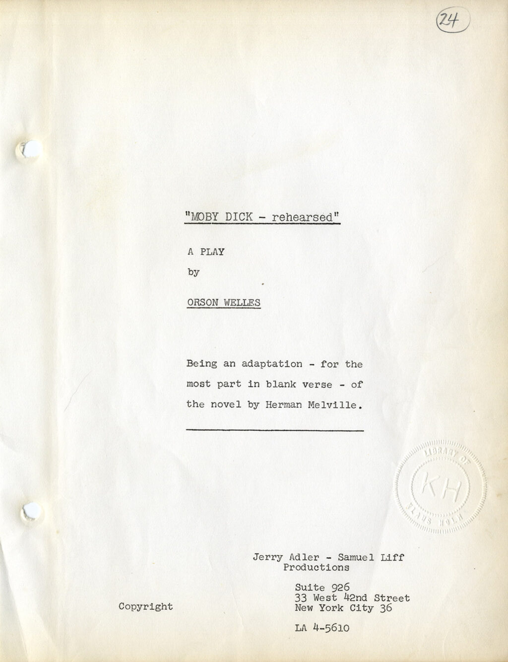 MOBY DICK—Rehearsed (1962) Theater script by Orson Welles - Image 2