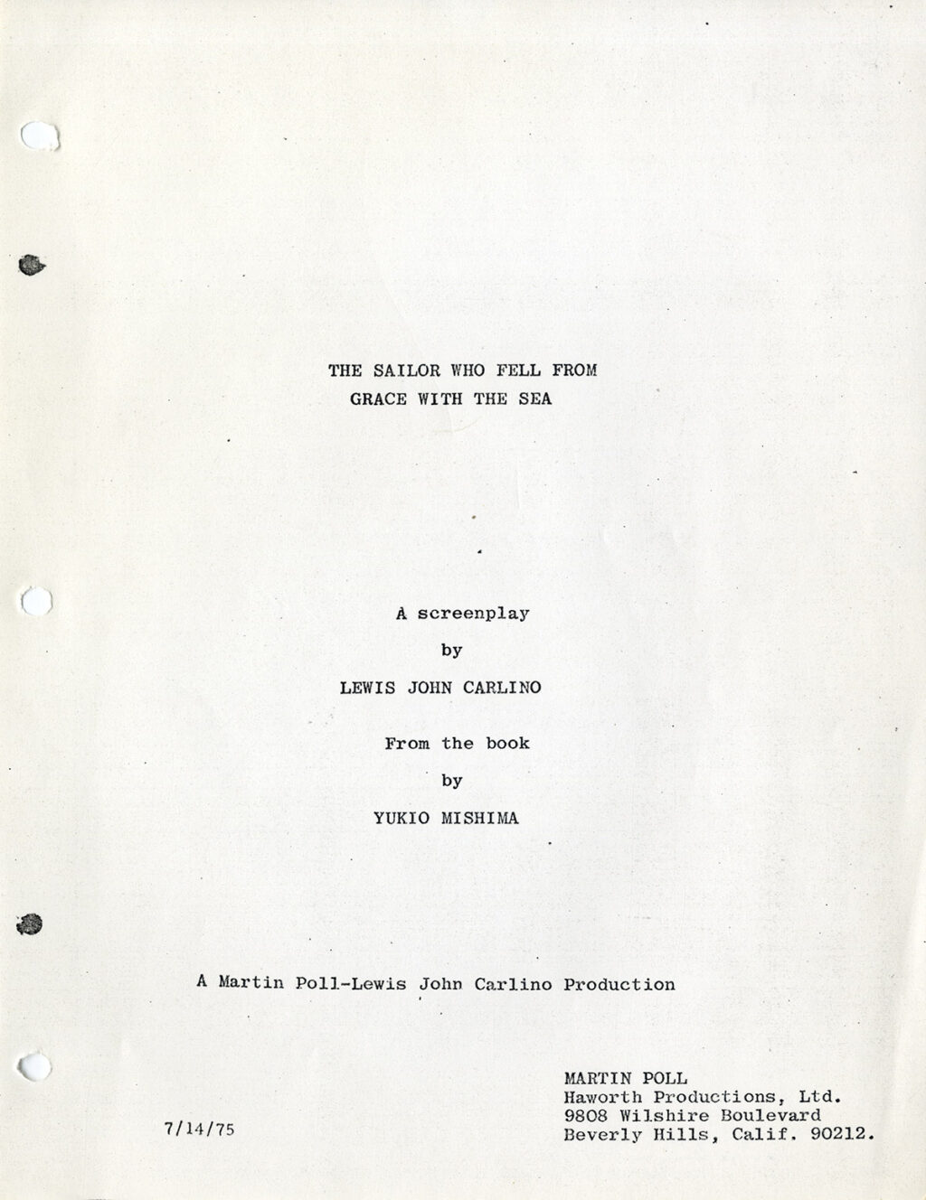 SAILOR WHO FELL FROM GRACE WITH THE SEA, THE (Jul 14, 1975) Screenplay by Lewis John Carlino from the book by Yukio Mishima - Image 2