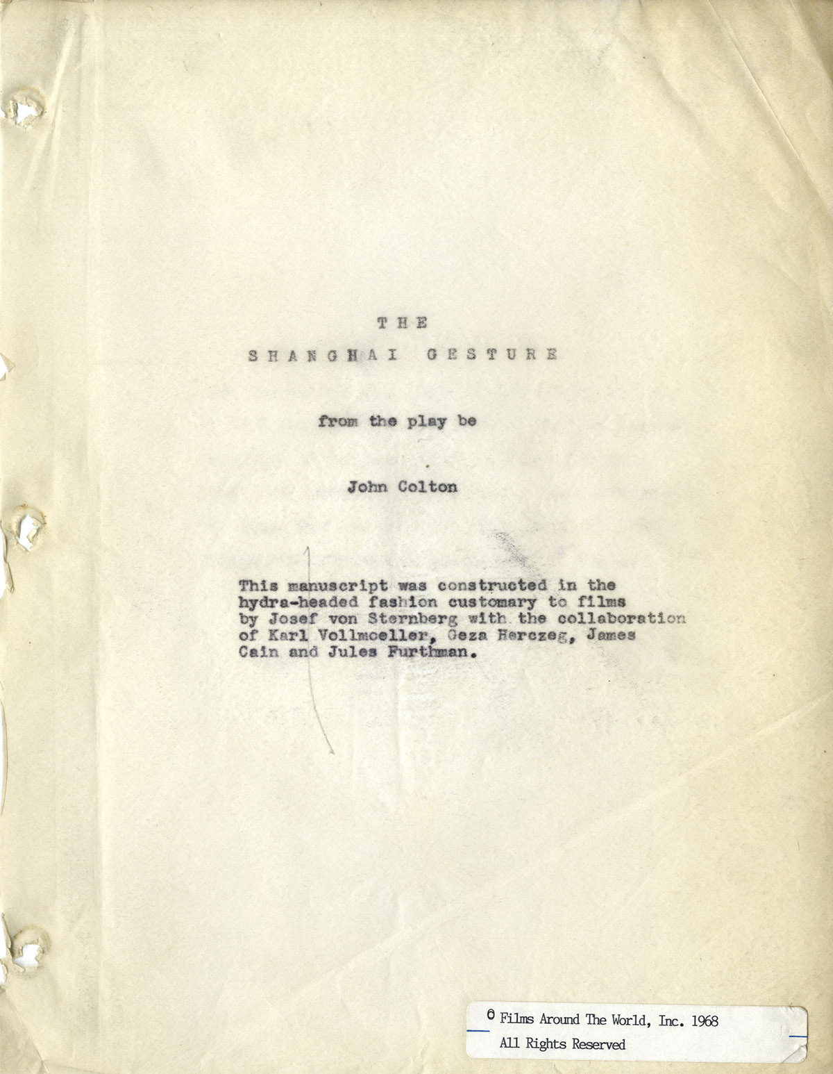 SHANGHAI GESTURE, THE (1941) Film script adapted from the play by John ...